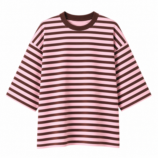Pink and brown striped dress on a white background