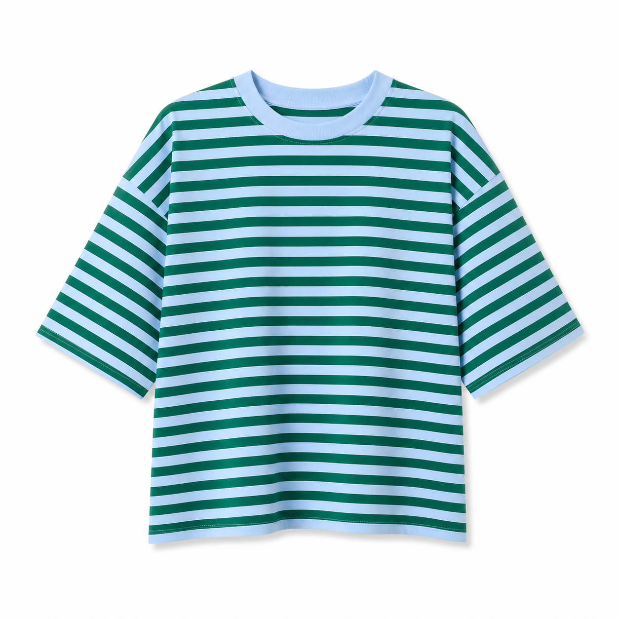 A sky blue and emerald green striped tee