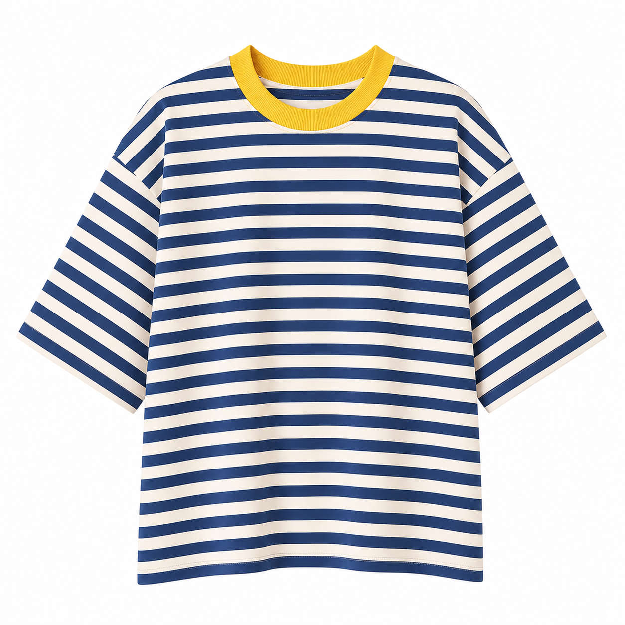 A blue and white stripey tee with a yellow neckline on a white background
