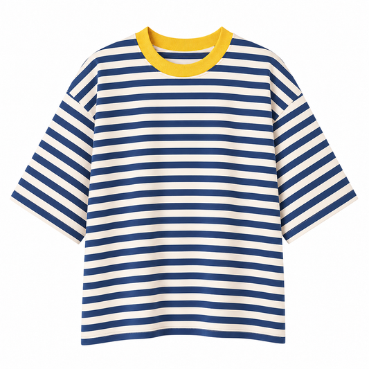 A blue and white stripey tee with a yellow neckline on a white background
