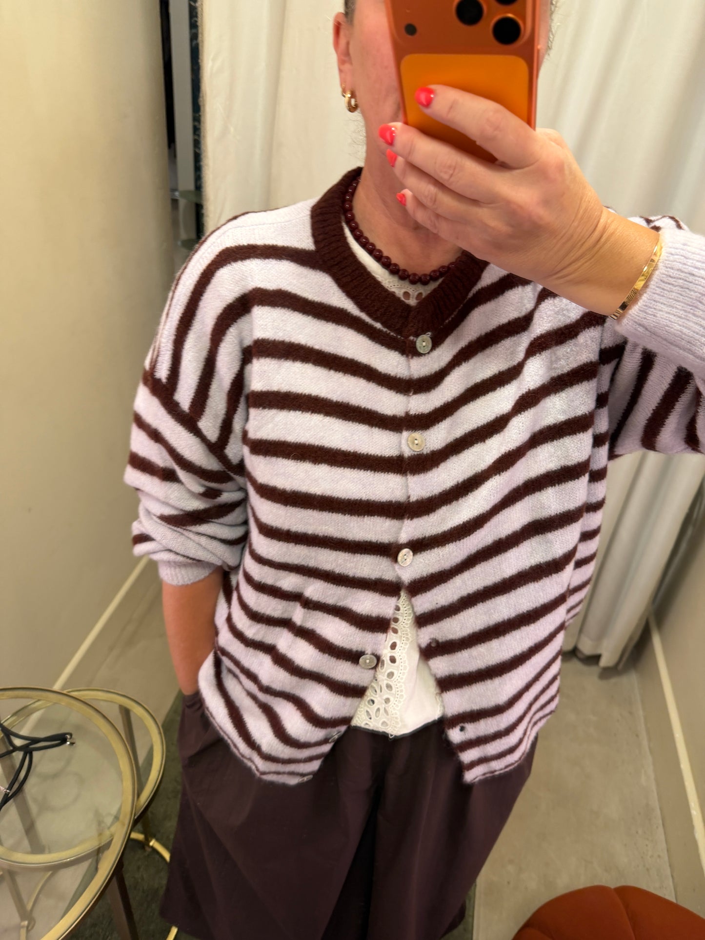 Clara Long Sleeve Striped Cardigan in Burgundy & Lilac with Alpaca