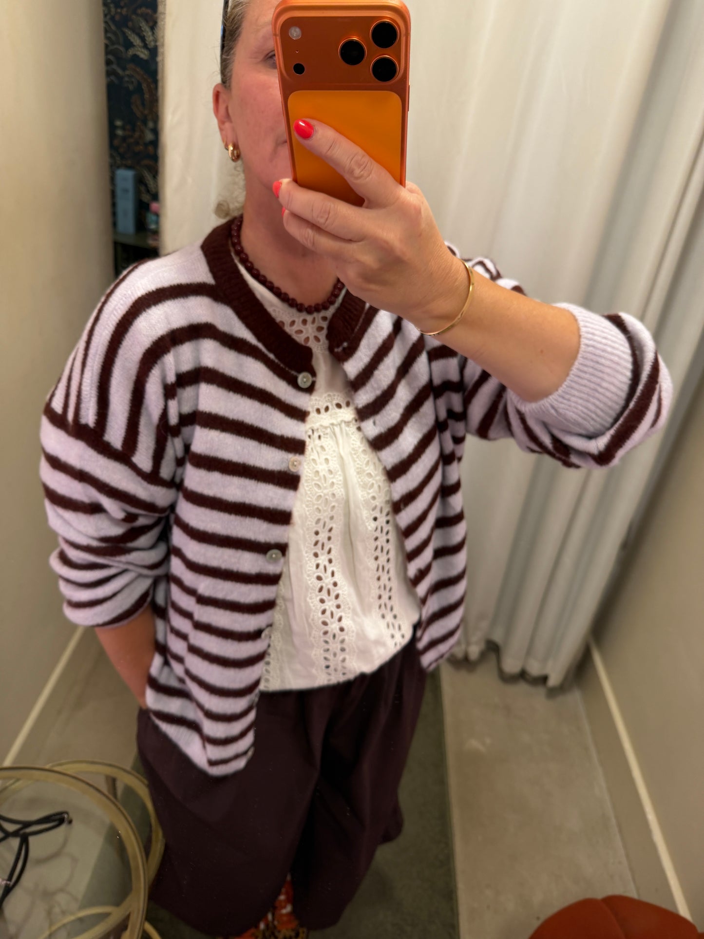 Clara Long Sleeve Striped Cardigan in Burgundy & Lilac with Alpaca