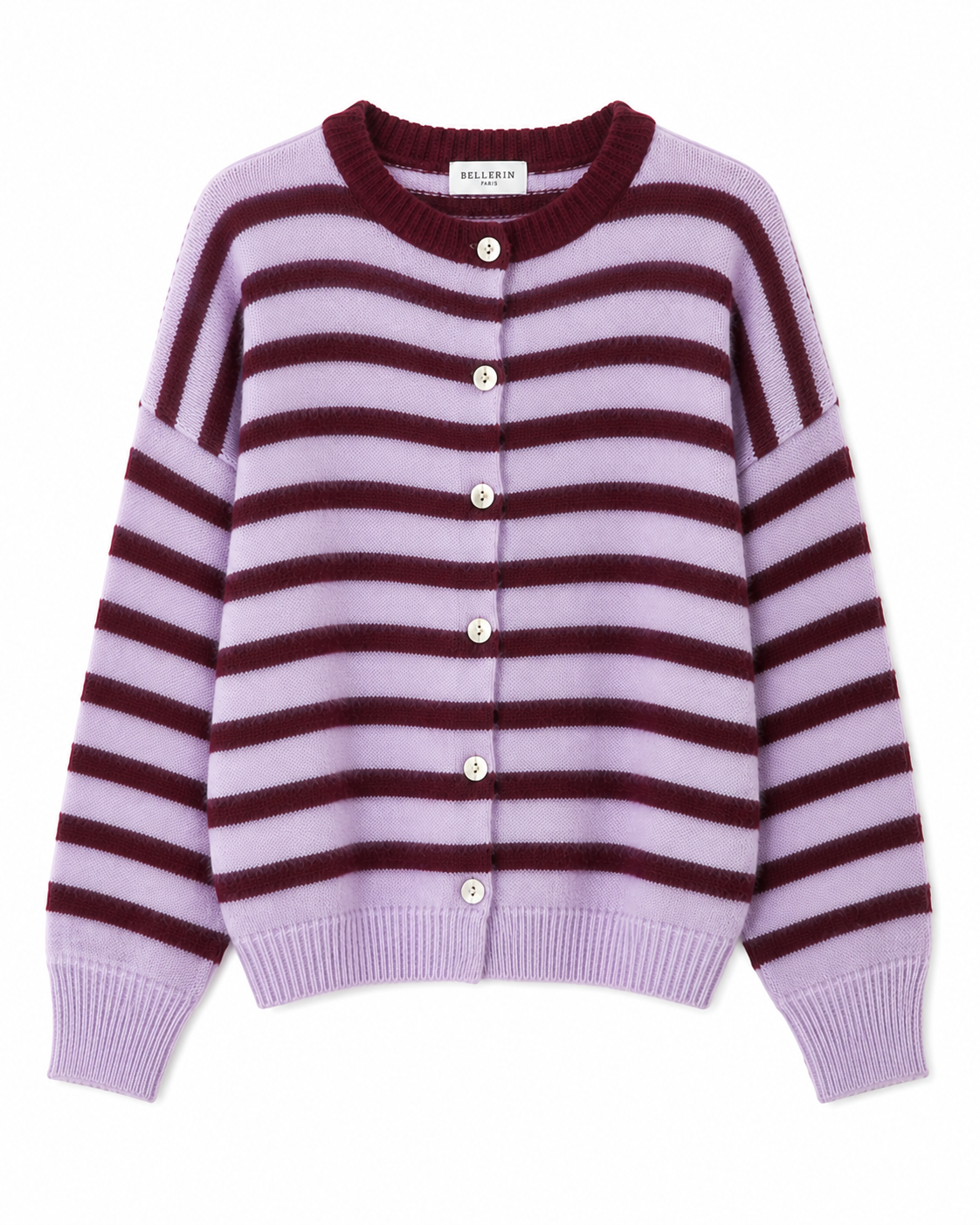 Clara Long Sleeve Striped Cardigan in Burgundy & Lilac with Alpaca