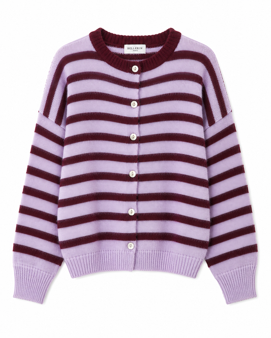 Clara Long Sleeve Striped Cardigan in Burgundy & Lilac with Alpaca