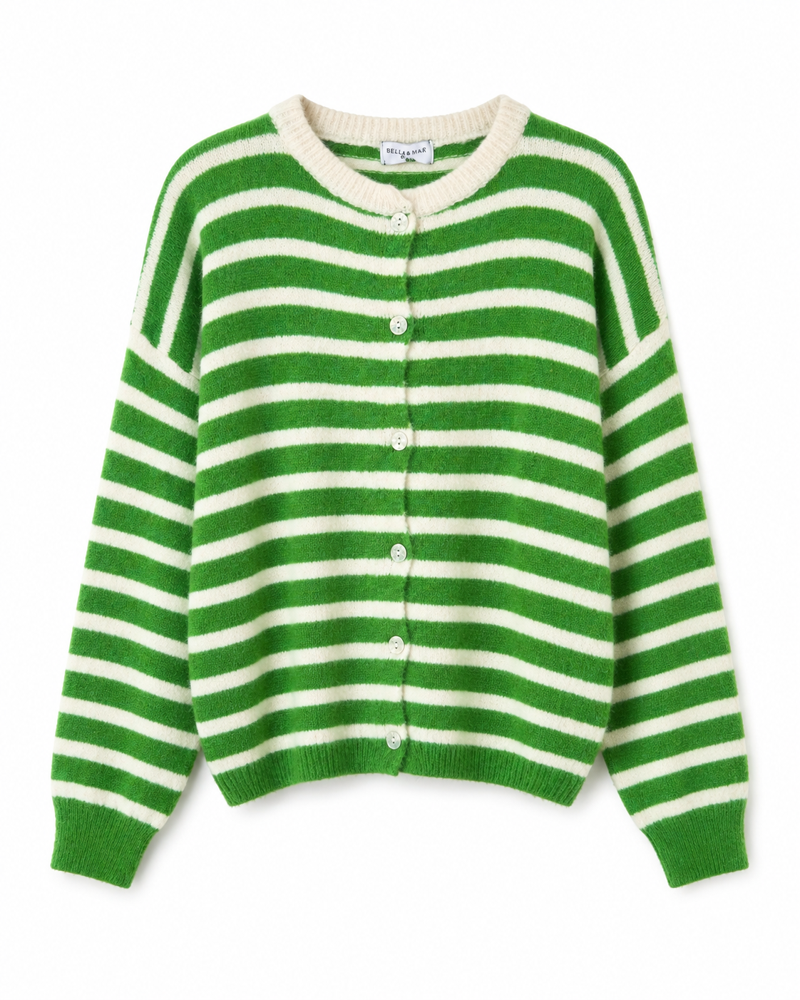 Clara Long Sleeve Striped Cardigan in Green & Cream with Alpaca
