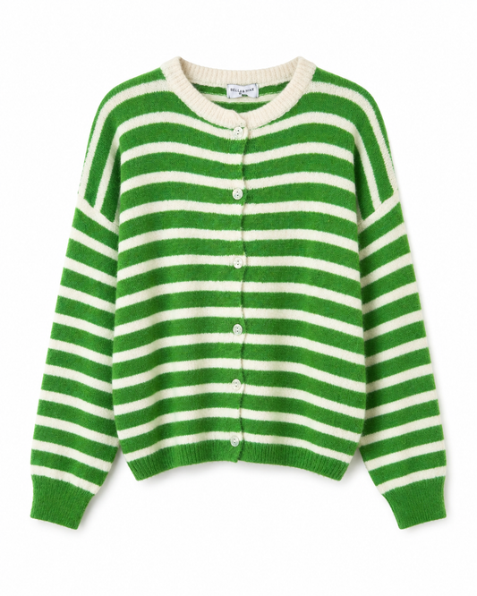 Clara Long Sleeve Striped Cardigan in Green & Cream with Alpaca