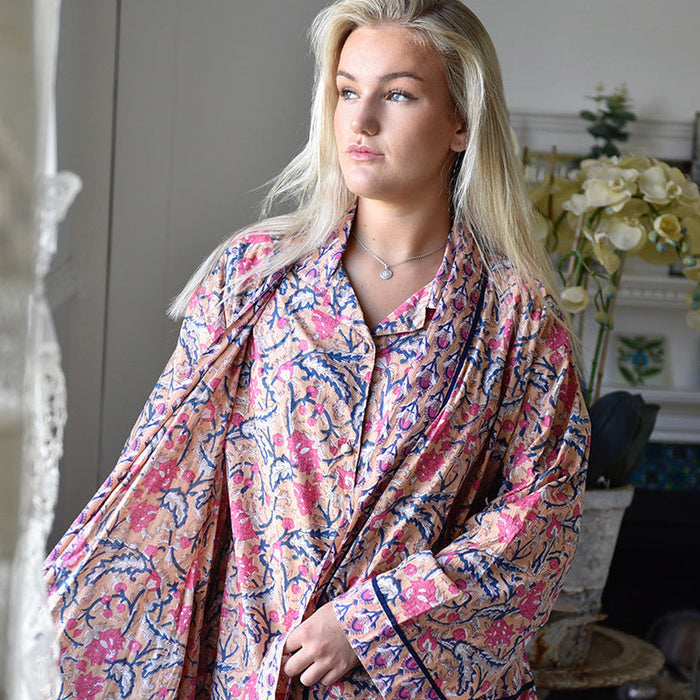 Powell Craft Apricot, Navy & Persian Red Mixed Block Print Dressing Gown