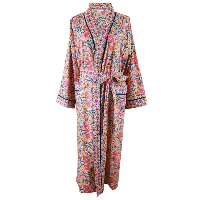 Powell Craft Apricot, Navy & Persian Red Mixed Block Print Dressing Gown