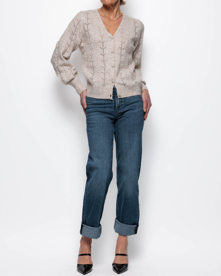 Ichi Anose Cardigan in Oatmeal Melange with self covered buttons and pretty lace stitch detail