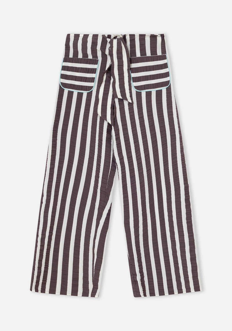 Striped pants with a tie waist on a white background