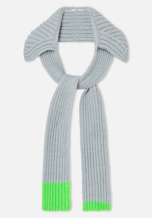 A light gray ribbed knit scarf with bright neon green knit cuffs, displayed on a clean light gray background.