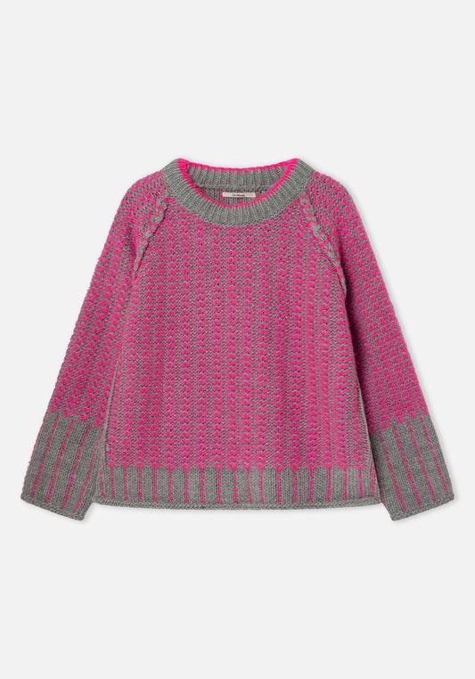 A pink and gray textured knit sweater with a crew neck and ribbed cuffs and hem, displayed flat against a light gray background.