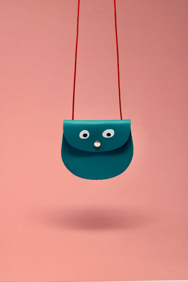 Leather Googly Eye Purse in Turquoise 9cm