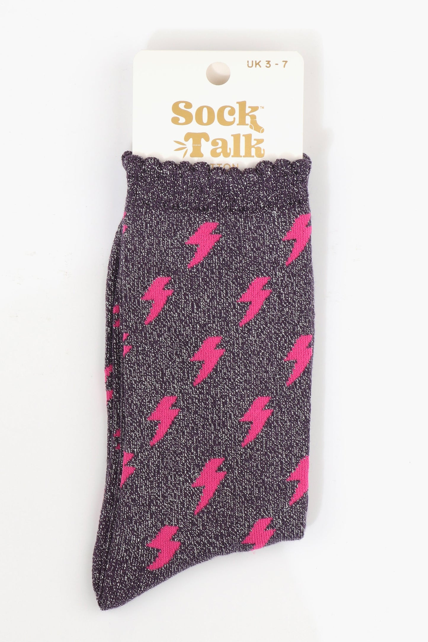 Women's Glitter Socks - Navy Blue/Pink, Lightning Bolts