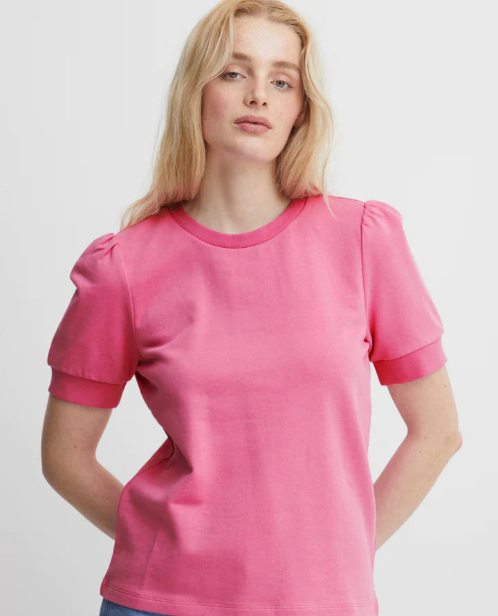 ICHI Yarla Puffed Sleeve cotton Top in super pink