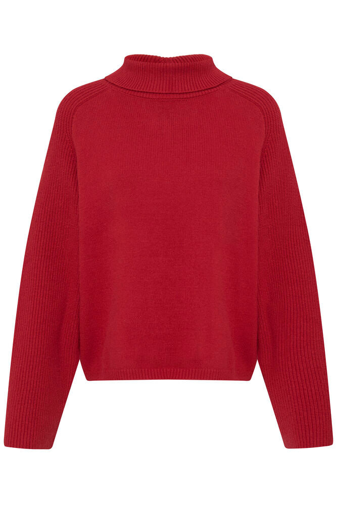 A red ribbed knit turtleneck sweater shown from the back, featuring long sleeves and shoulder detailing, on a plain white background.