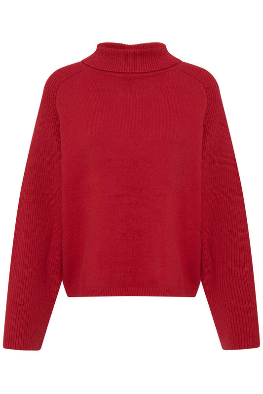 A red ribbed knit turtleneck sweater shown from the back, featuring long sleeves and shoulder detailing, on a plain white background.