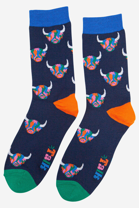 Men's Bamboo Socks - Navy Blue/Rainbow, Highland Cow