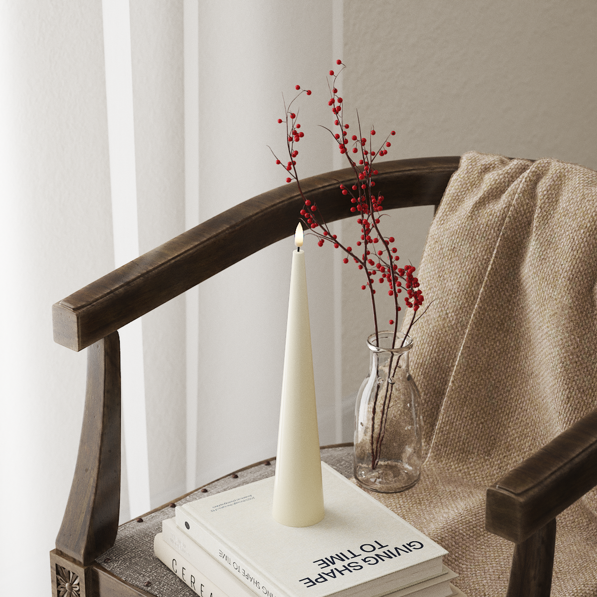 Decorative setup with a candle, vase with red berries, and books on a wooden chair.