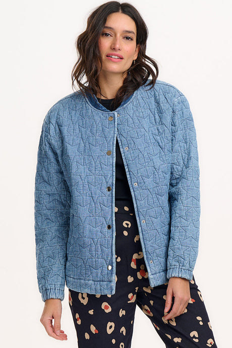 Sugar Hill Kinga Quilted Bomber Jacket in Light Blue Denim, Star Quilt