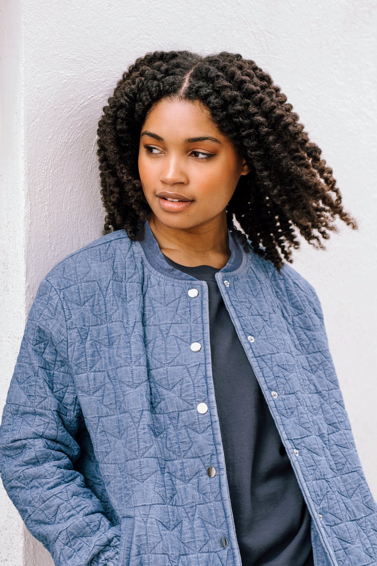 Sugar Hill Kinga Quilted Bomber Jacket in Light Blue Denim, Star Quilt