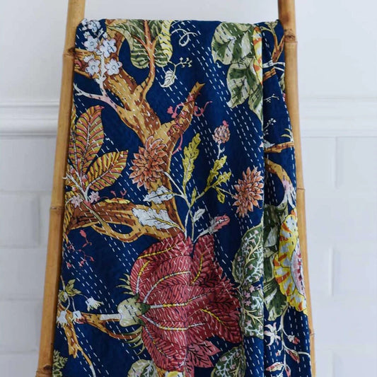 Blue Carnation Kantha Throw