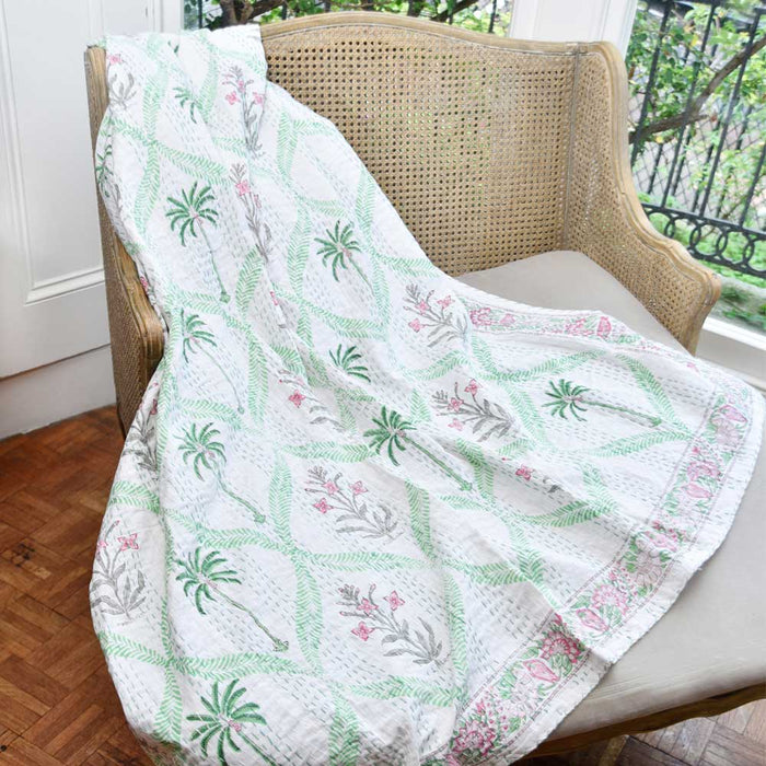 Floral Pink Palm Kantha Throw