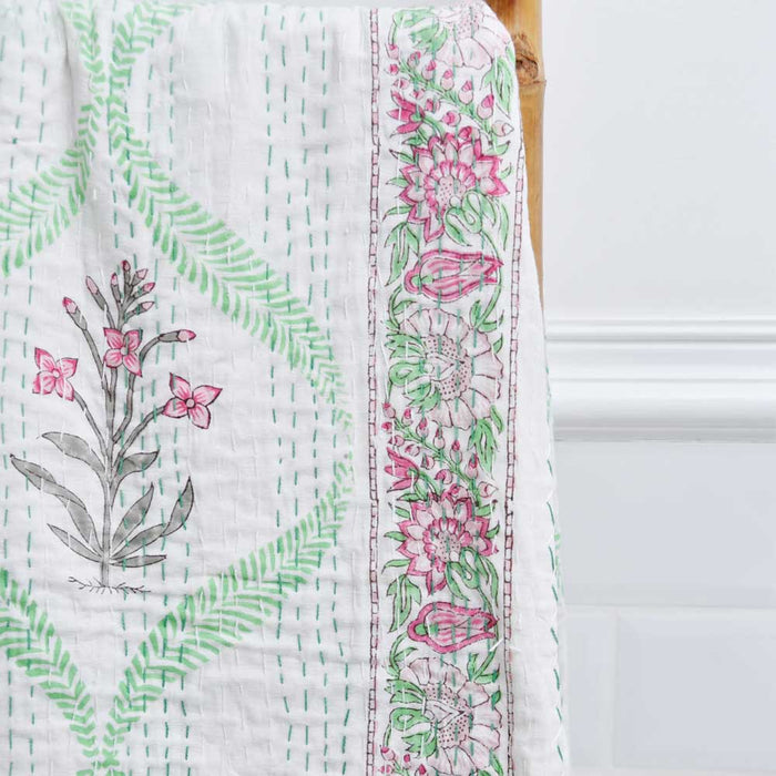 Floral Pink Palm Kantha Throw