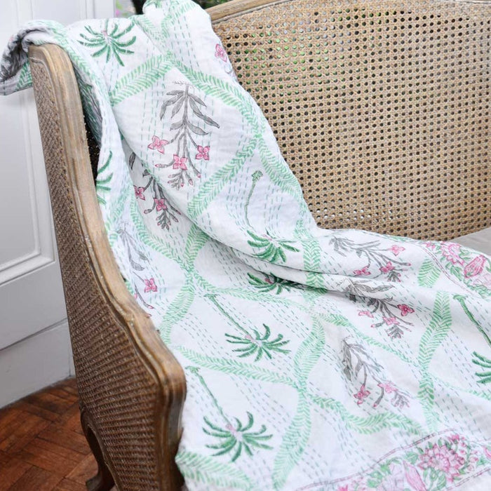 Floral Pink Palm Kantha Throw