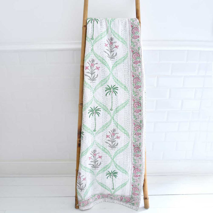 Floral Pink Palm Kantha Throw