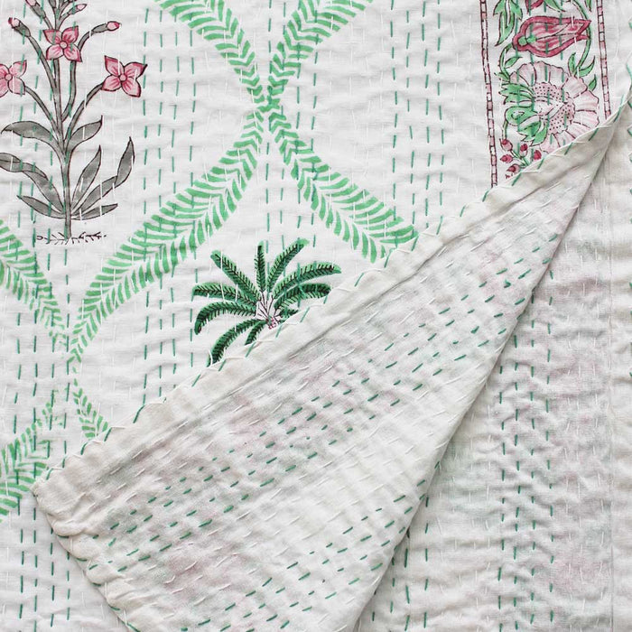 Floral Pink Palm Kantha Throw