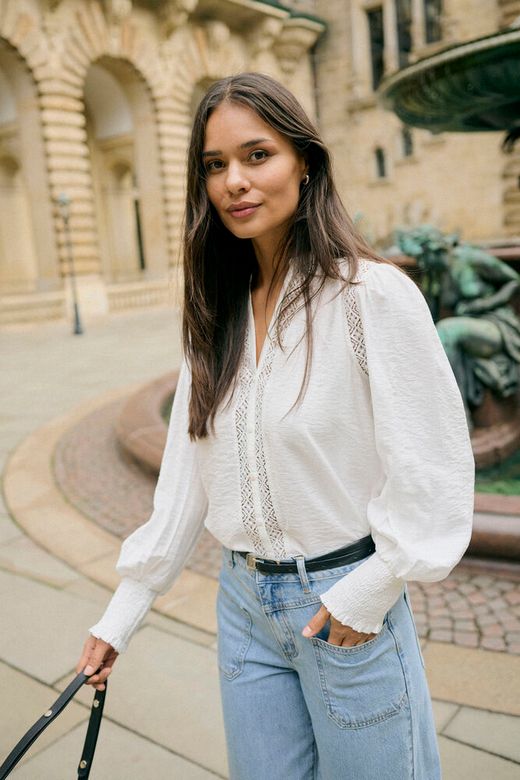 Kaffe Delia Shirt in Chalk a feminine casual long sleeved shirt with broidery anglaise panels and sheered cuffs