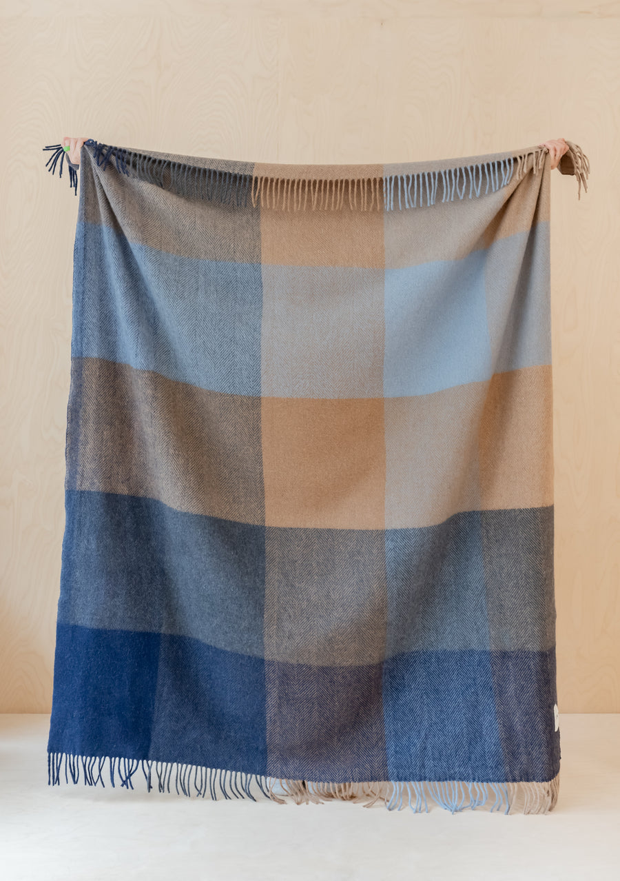 TBCo Cotton Throw in Blue Herringbone Block Check