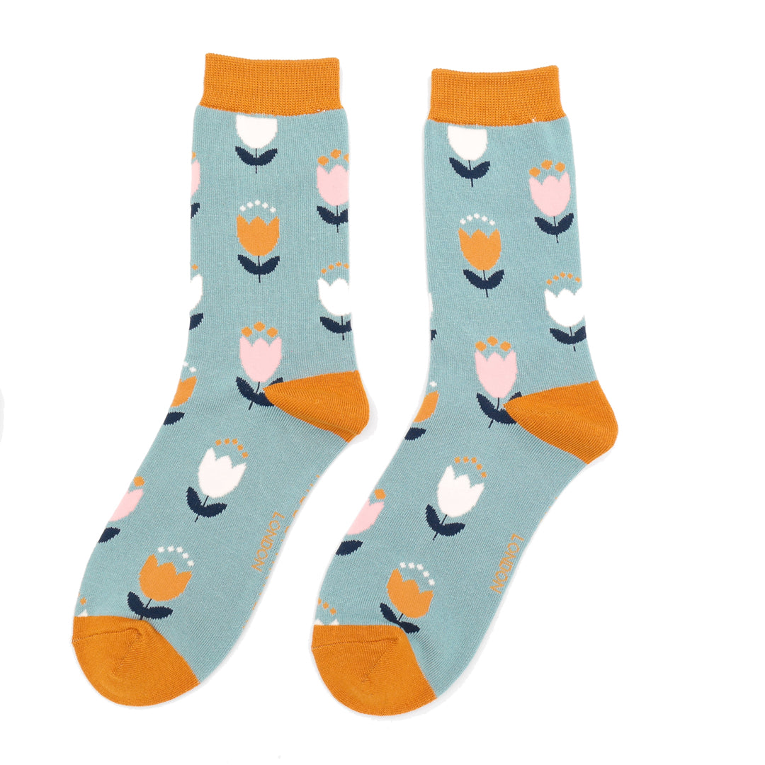 Miss Sparrow Tulips Socks Duck Egg