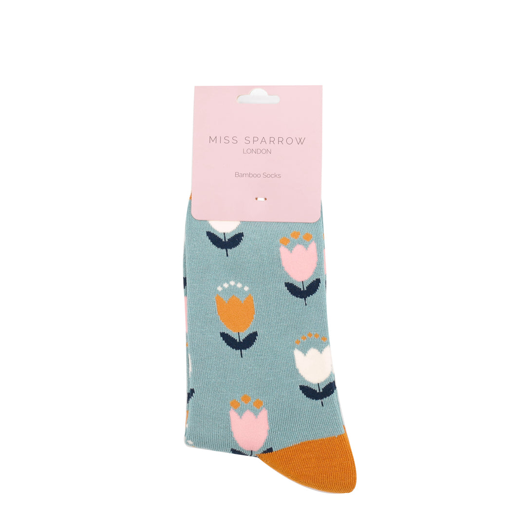 Miss Sparrow Tulips Socks Duck Egg