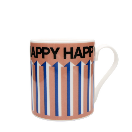 Mug with 'Happy Happy' text and striped design on a white background