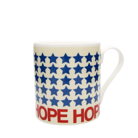 Mug with blue star pattern and red text on a white background