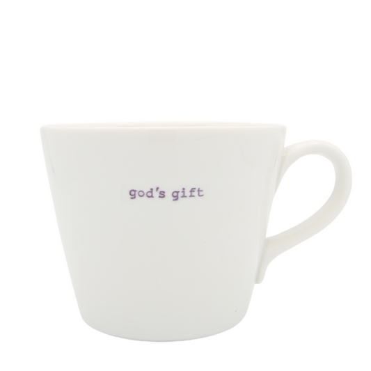 White mug with 'god's gift' text on a white background