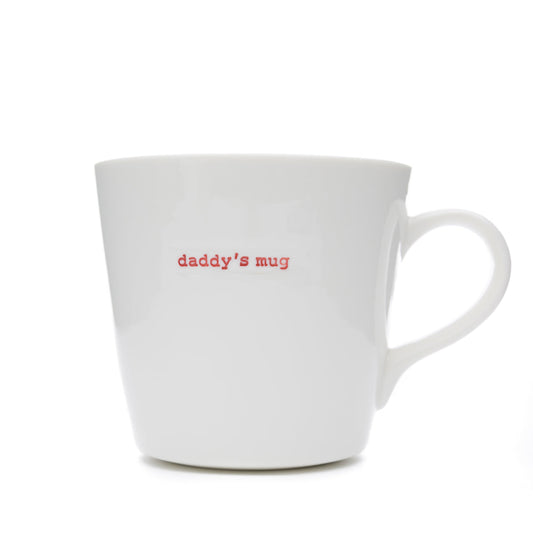 White mug with 'daddy's mug' text in red on a white background