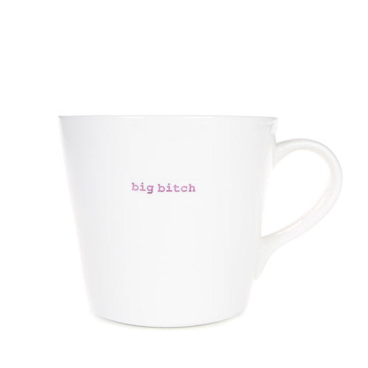 White mug with 'big b***h' printed in pink on a white background