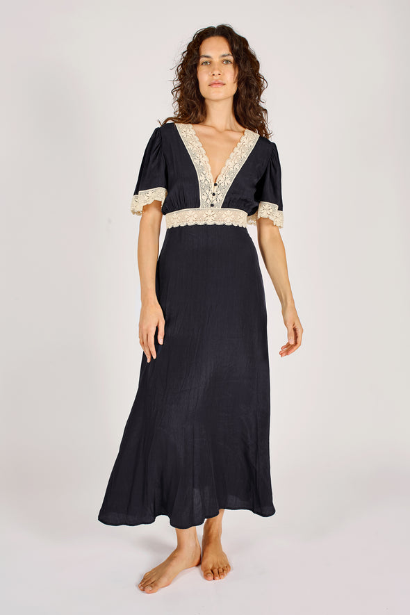 Traffic People Felicity Dress in Navy with contrasting lace detail at the neck, waist and sleeves