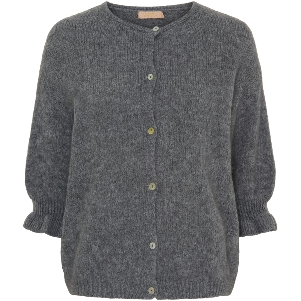 A dark gray knit cardigan sweater with three-quarter sleeves, a round neckline, and a button-up front with small buttons.