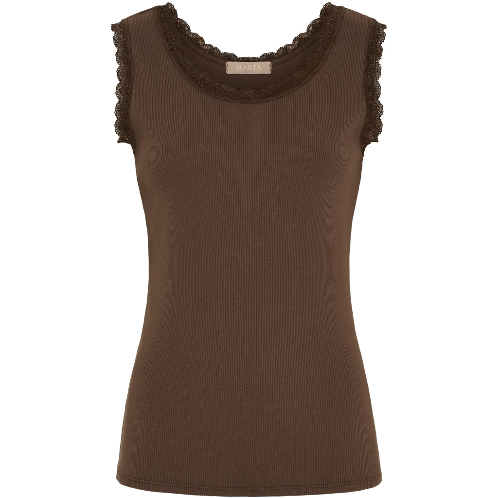 Brown tank top with lace trim on a white background