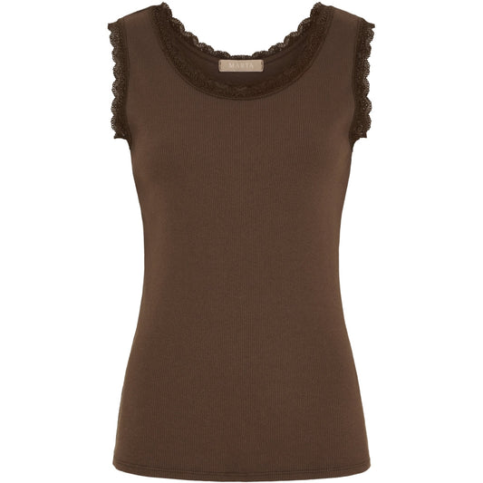 Brown tank top with lace trim on a white background