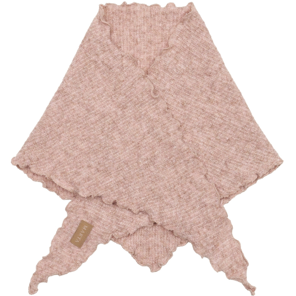 Marta Agnete Scarf in Light Rose - a dusty pink knit baby poncho with scalloped edges and tie details, featuring a small tan brand tag that reads 'LULU'.