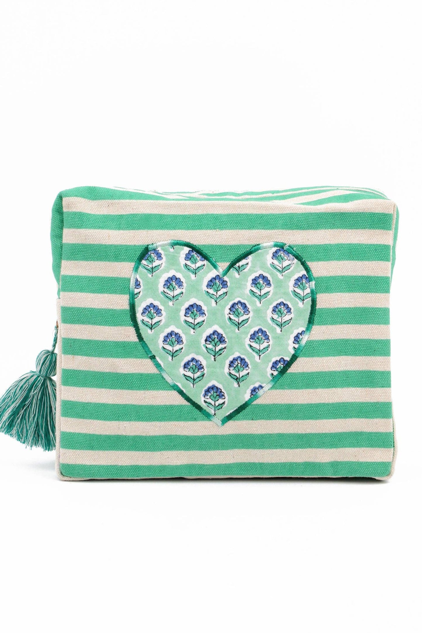 My Doris - GREEN STRIPE HEART MEDIUM POUCH