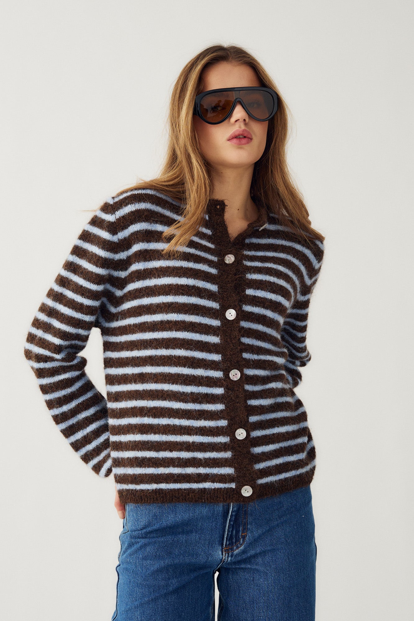 Noella Mertice Knit Cardigan in Brown Blue Stripe
