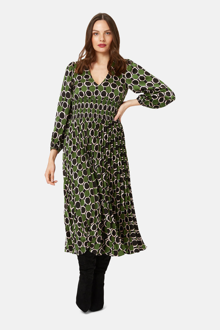Traffic People Aurora midi dress in a 70s green pattern with a deep V-neck and pleated skirt