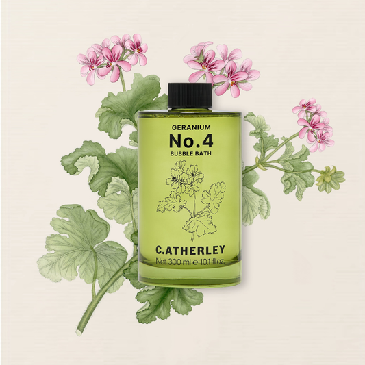 Catherley Geranium No.4 bubble bath bottle with floral and leaf design on a beige background