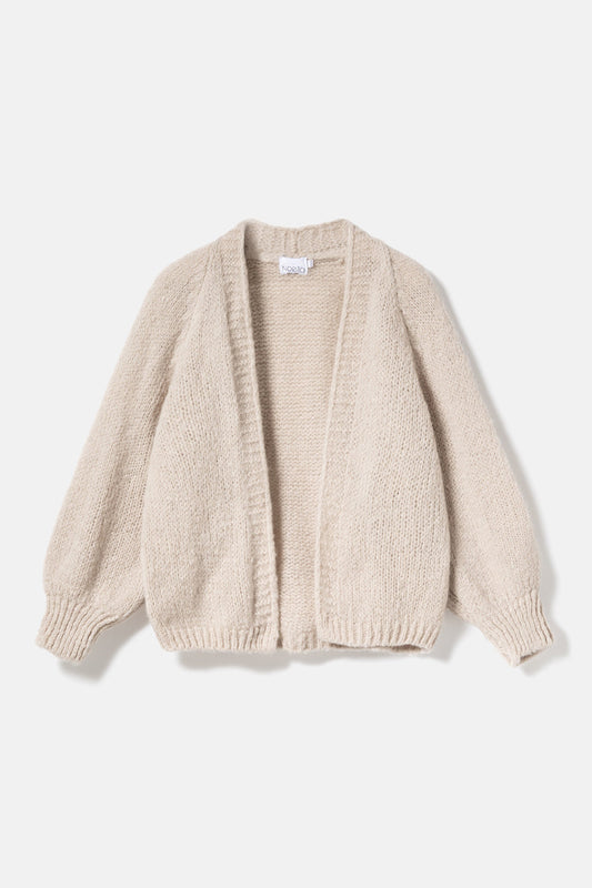 Noella Fora Knit Cardigan in Sand. Beige cardigan on a light beige background